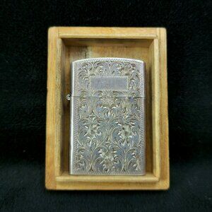 Sterling Silver 950 Flip-Top Engraved Etched Leaf Zippo Type Lighter Compact